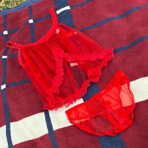 Le’ Arc red lingerie Sheer top + Crotchless Panties set lace ruffles sexy 2pc